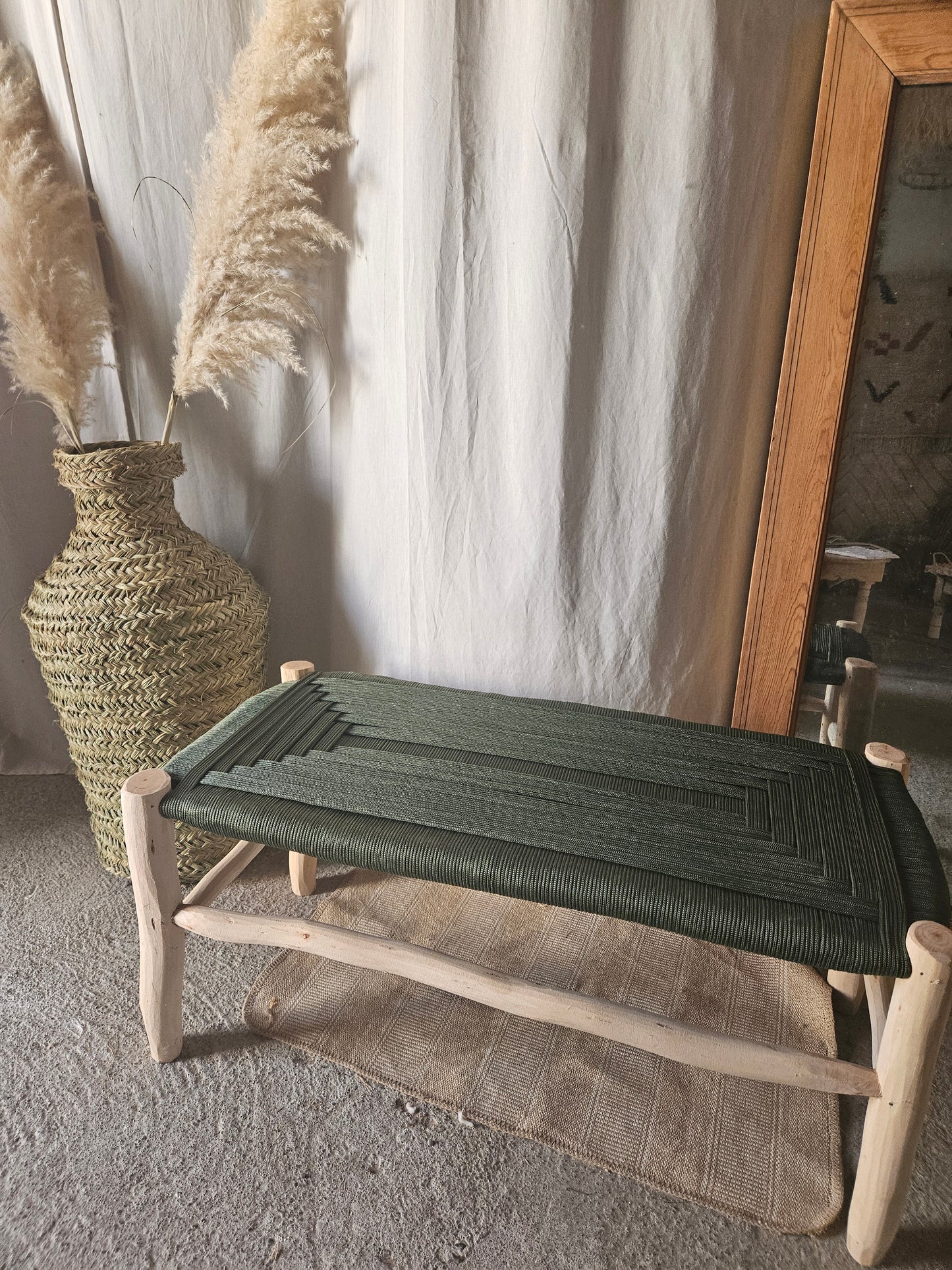 Banc marocain en bois d'eucalyptus & corde de nylon kaki - Banc d'intérieur et d'extérieur