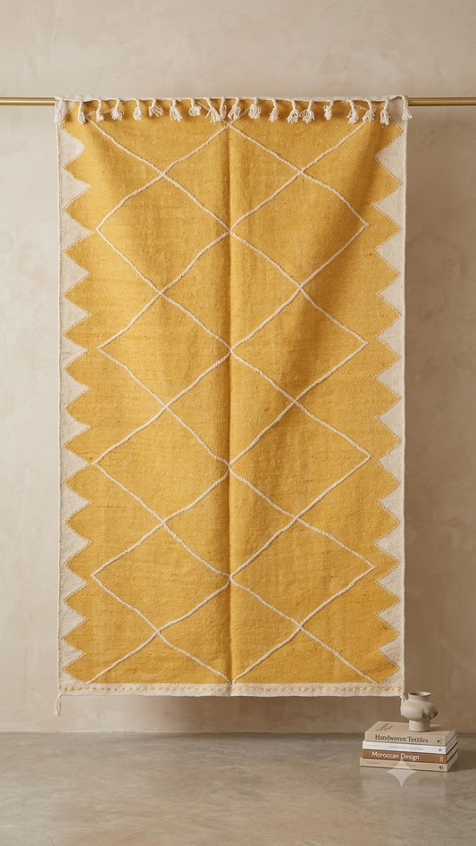 Magnifique pièce unique Tapis Zanafi Kilim jaune orangé motif ethnique dans la trame