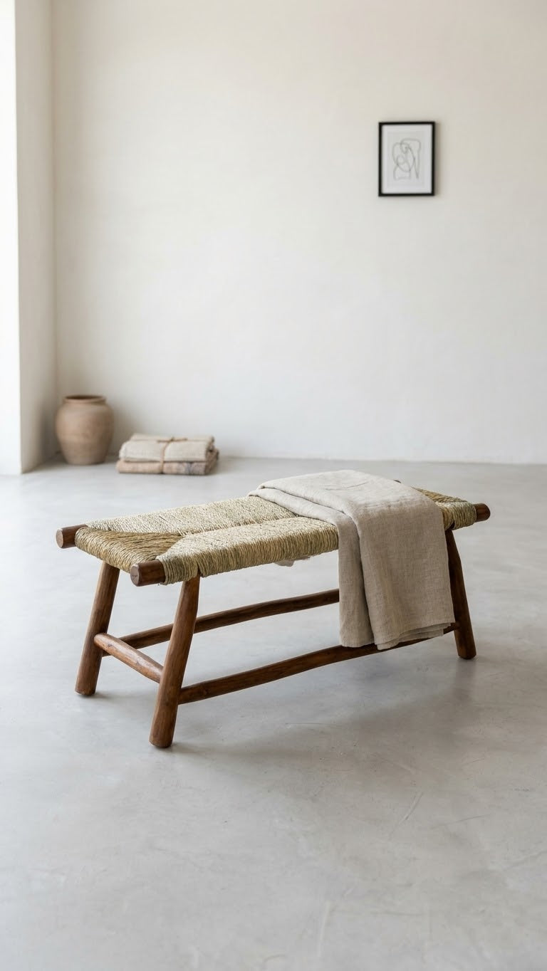 Banc ethnique en bois marron foncé en corde de doum tressage simple