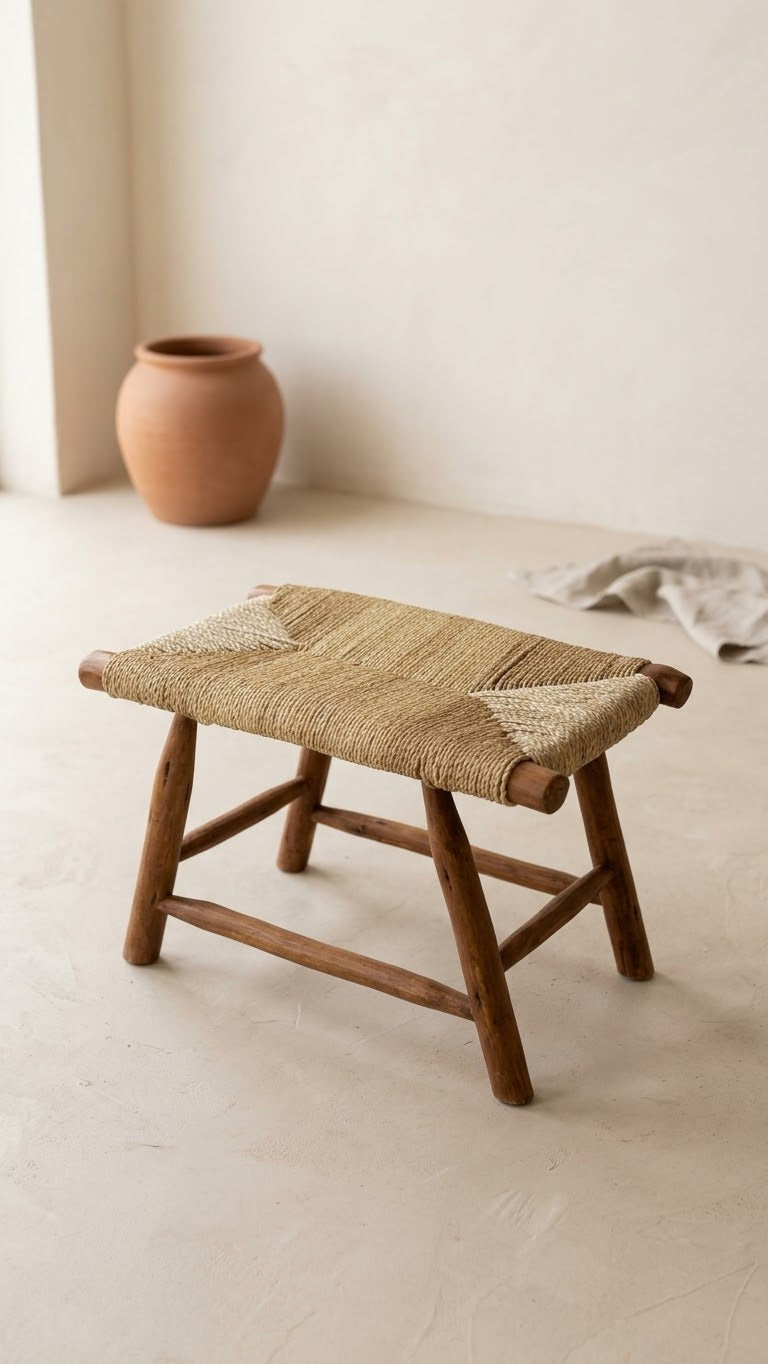 Banc ethnique en bois marron foncé en corde de doum tressage simple