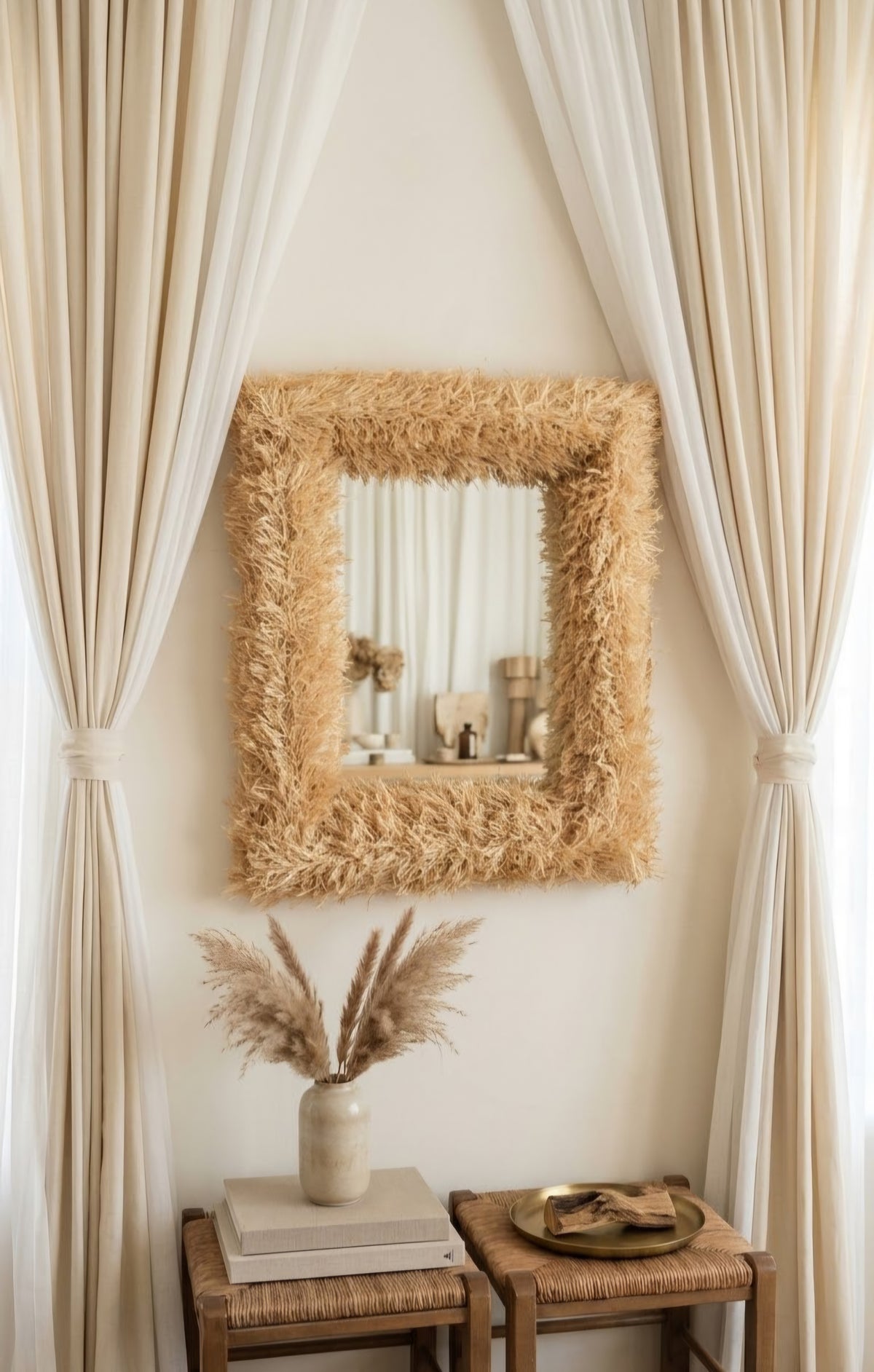 Miroir rectangle touffu en raphia - Miroir fait main artisanat marocain