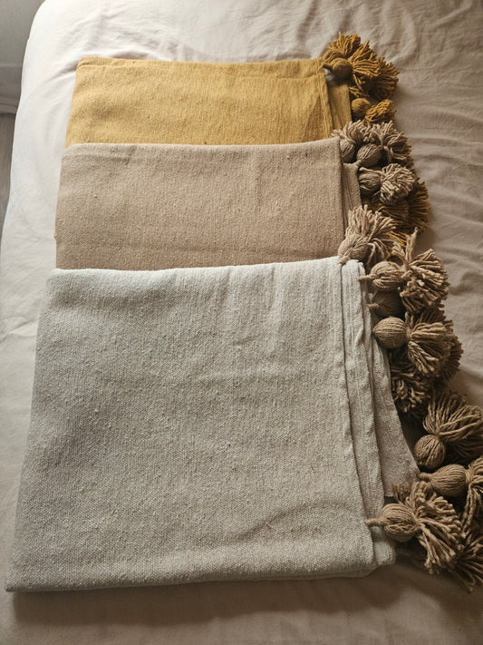 Plaid à pompons marocain en coton - Dessus de lit en coton