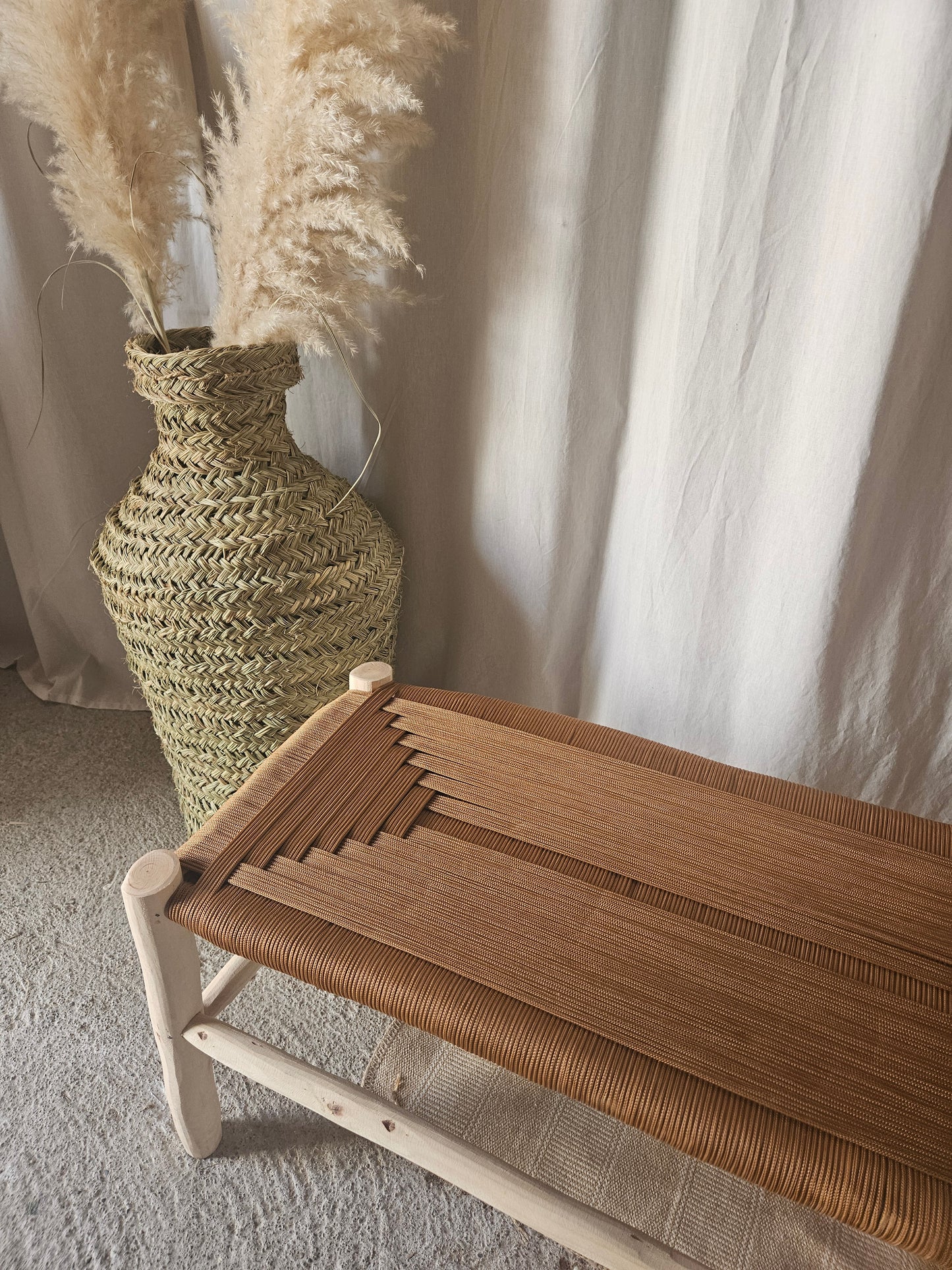 Banc marocain bois d'eucalyptus & corde de nylon camel - Banc d'intérieur et extérieur
