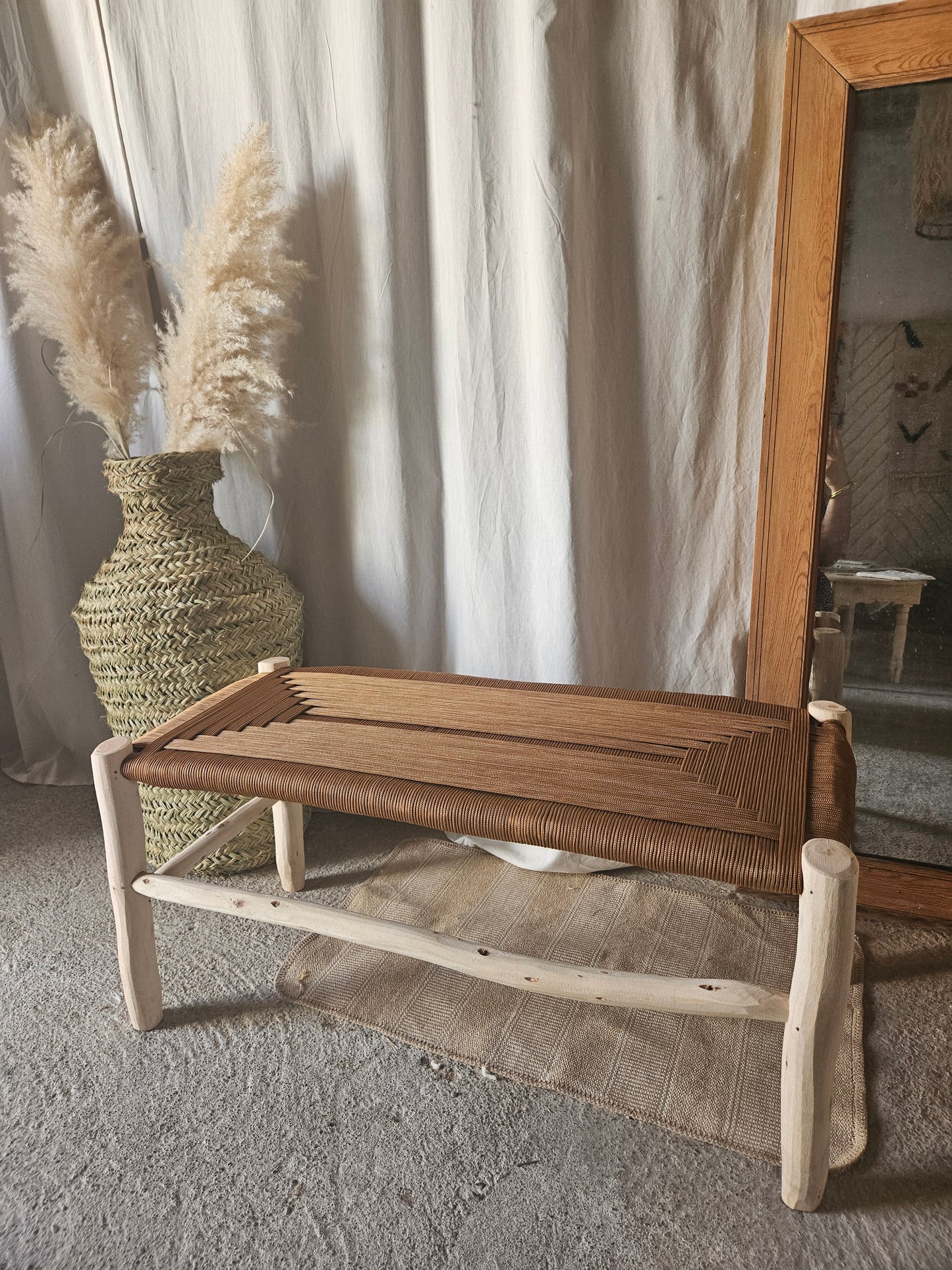 Banc marocain bois d'eucalyptus & corde de nylon camel - Banc d'intérieur et extérieur