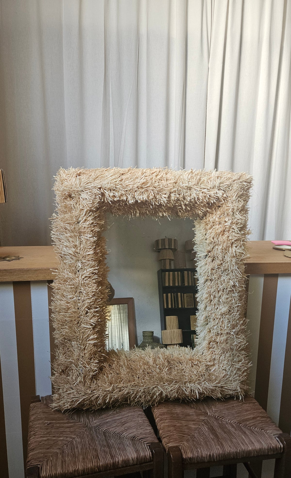 Miroir rectangle touffu en raphia - Miroir fait main artisanat marocain
