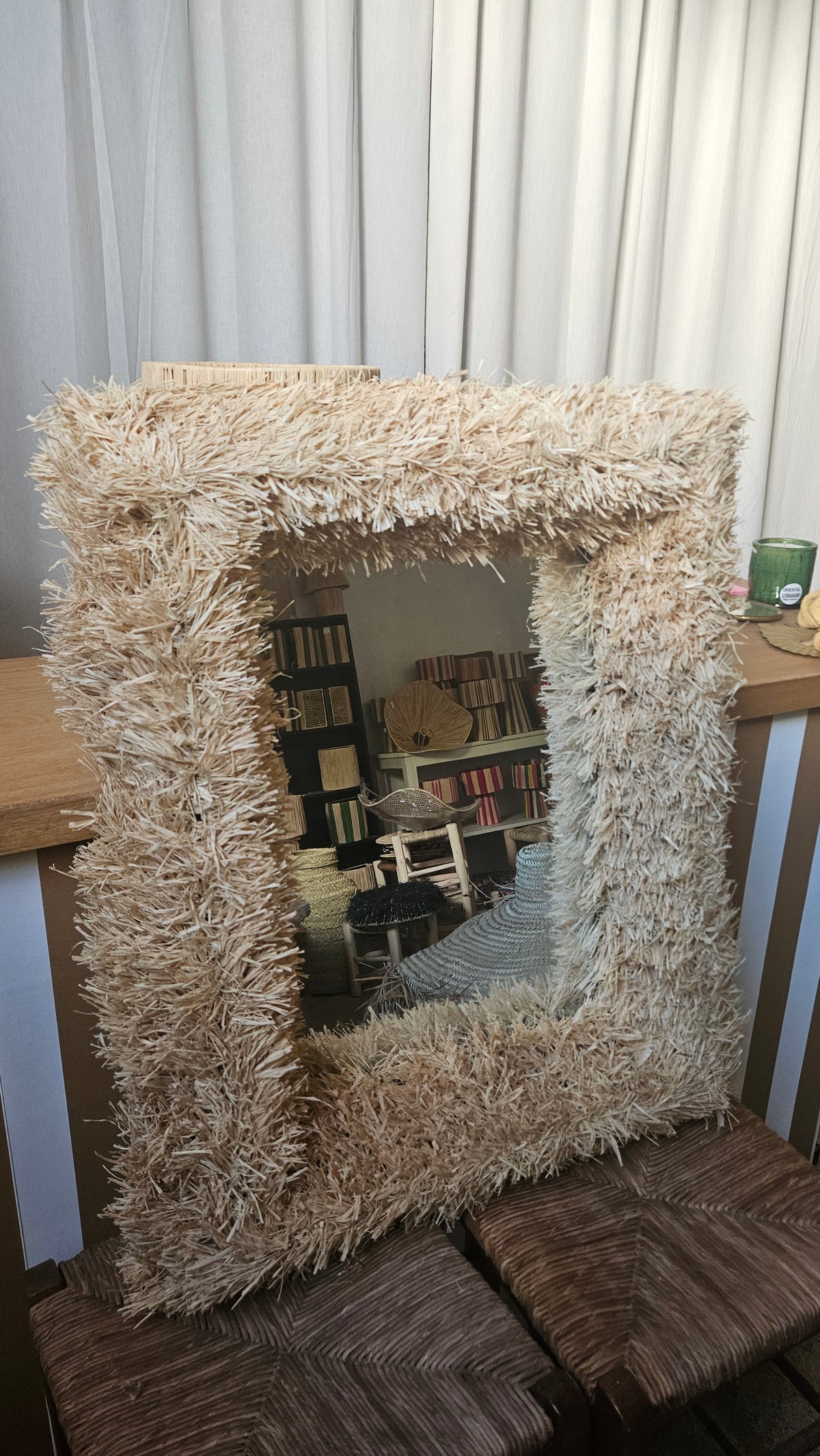 Miroir rectangle touffu en raphia - Miroir fait main artisanat marocain