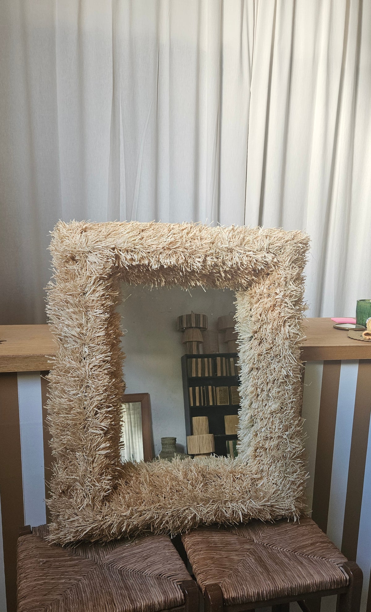 Miroir rectangle touffu en raphia - Miroir fait main artisanat marocain