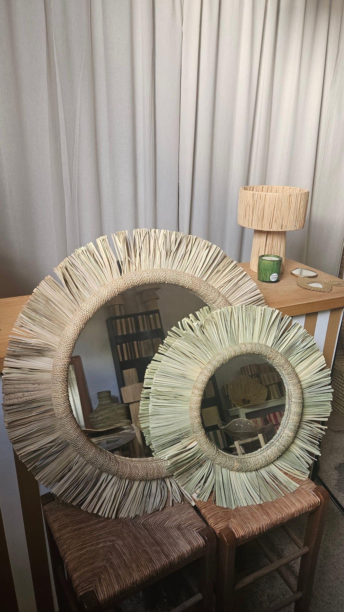 Miroir rond en palmier tresser à la main